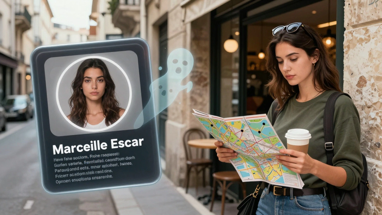 A split image contrasting fake online profiles with a real escort in a Marseille alleyway café.