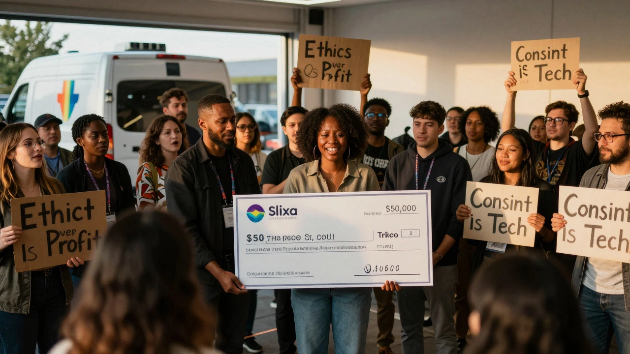 Black queer entrepreneur receiving a grant at Catalyst Con, surrounded by supportive attendees