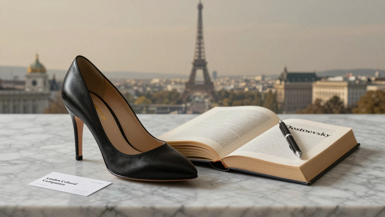 Symbolic still life: a high heel, open book, and business card representing intellectual companionship and global clientele.