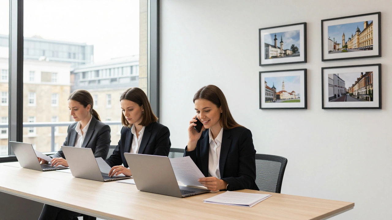 Three professional Russian women working in a sleek London escort agency office, engaged in thoughtful, business-like tasks.
